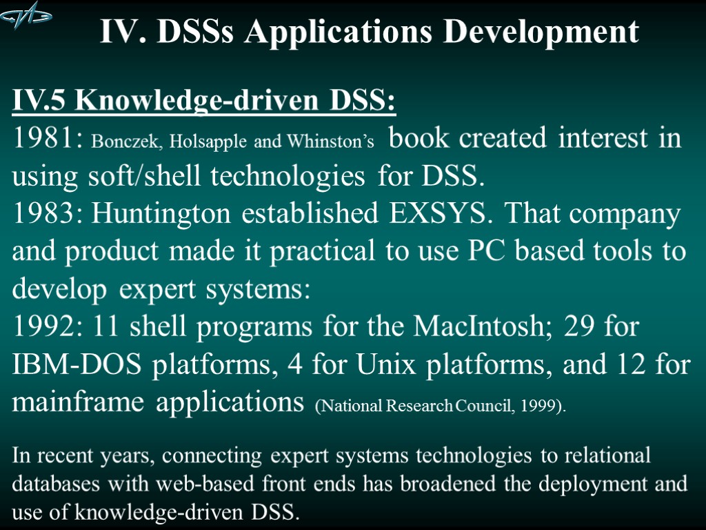 IV. DSSs Applications Development IV.5 Knowledge-driven DSS: 1981: Bonczek, Holsapple and Whinston’s book created